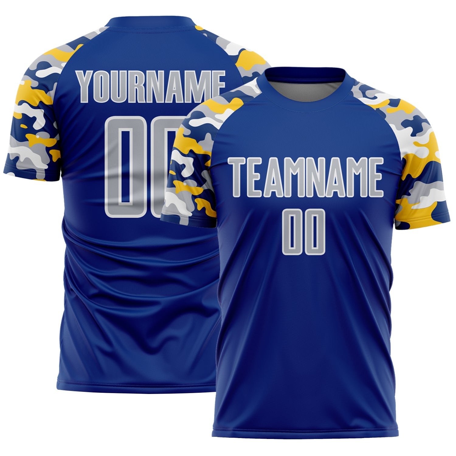 Custom Royal Gray Yellow-White Digital Camo Raglan Sleeves Sublimation Soccer Uniform Jersey - Main View