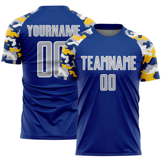 Custom Royal Gray Yellow-White Digital Camo Raglan Sleeves Sublimation Soccer Uniform Jersey - Main View