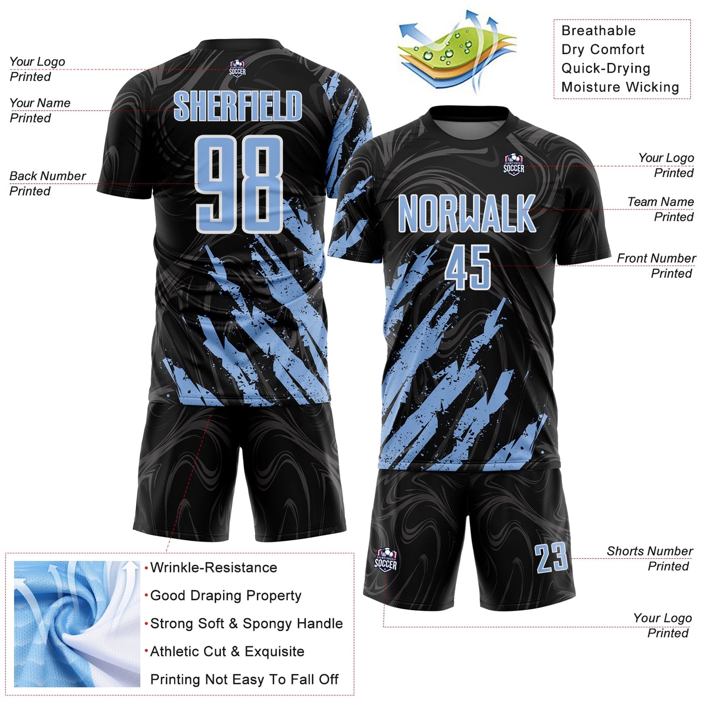 Custom Black Light Blue-White Brush Stroke Splatter Liquid Swirl Sublimation Soccer Uniform Jersey view 4
