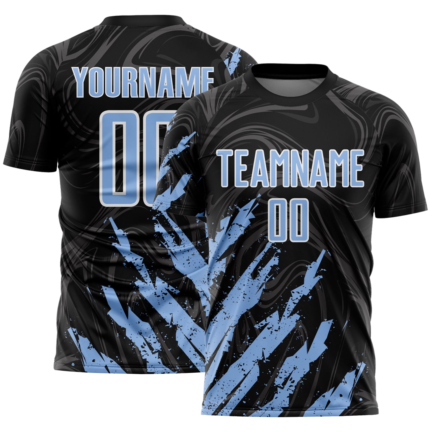 Custom Black Light Blue-White Brush Stroke Splatter Liquid Swirl Sublimation Soccer Uniform Jersey - Main View