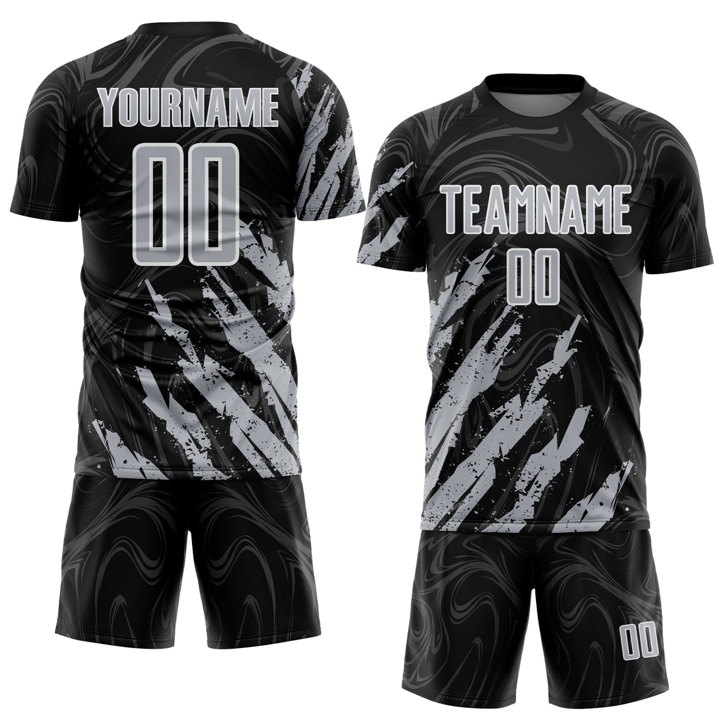 Custom Black Gray-White Brush Stroke Splatter Liquid Swirl Sublimation Soccer Uniform Jersey view 2