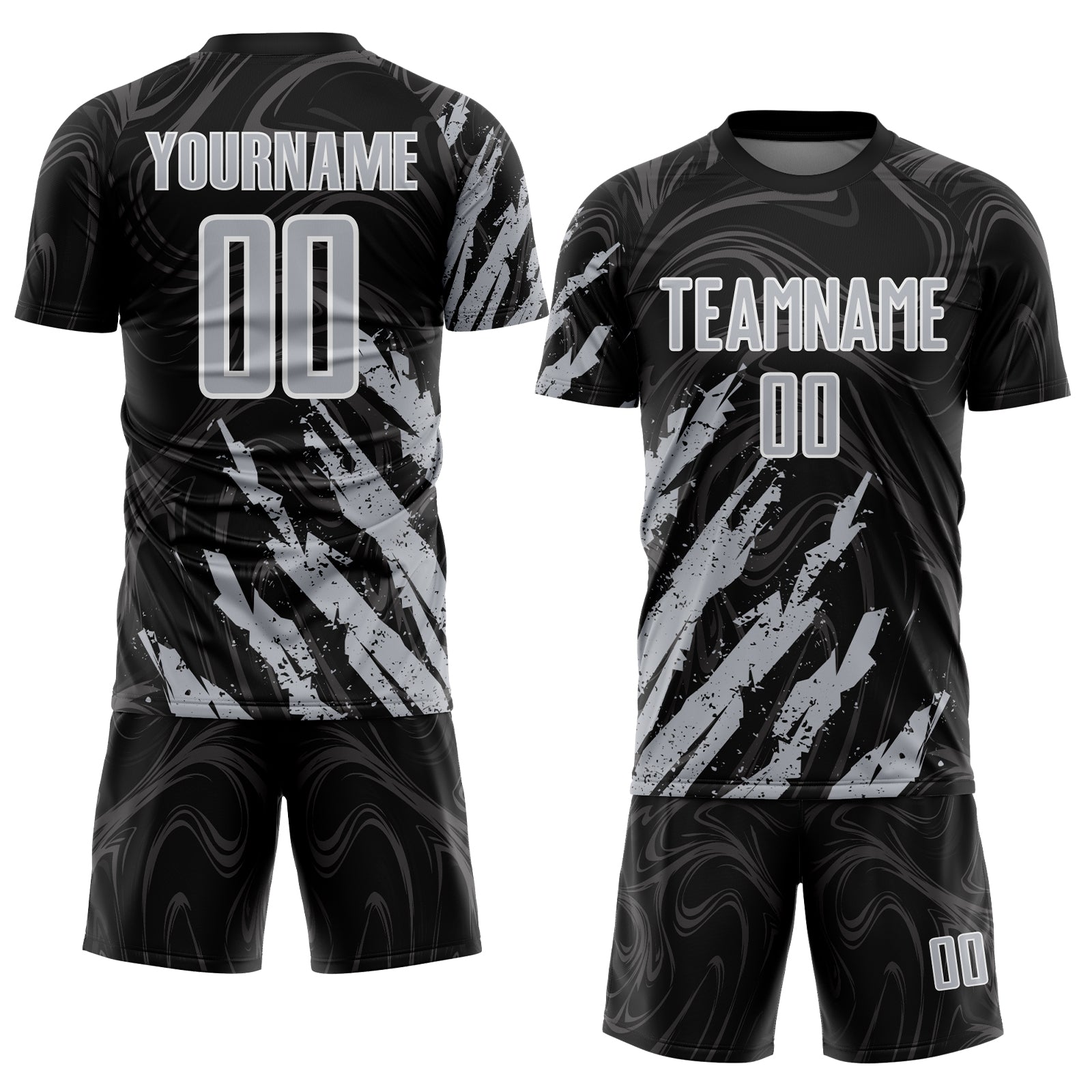 Custom Black Gray-White Brush Stroke Splatter Liquid Swirl Sublimation Soccer Uniform Jersey view 2