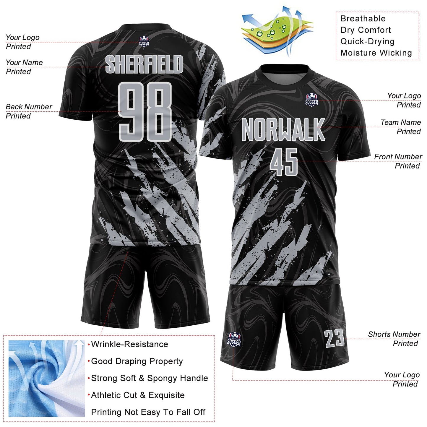 Custom Black Gray-White Brush Stroke Splatter Liquid Swirl Sublimation Soccer Uniform Jersey view 4