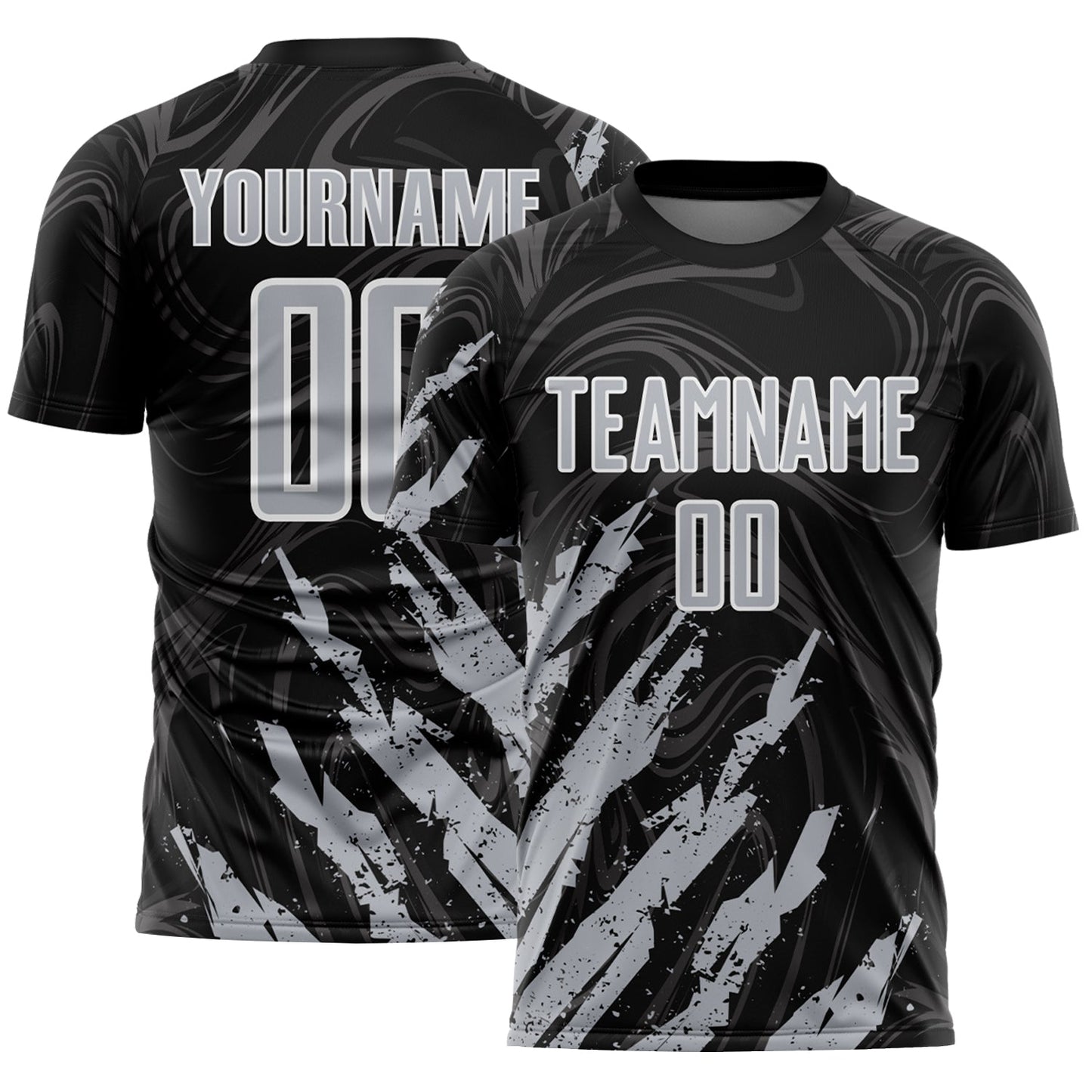 Custom Black Gray-White Brush Stroke Splatter Liquid Swirl Sublimation Soccer Uniform Jersey - Main View