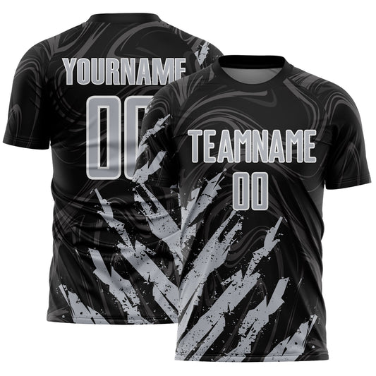 Custom Black Gray-White Brush Stroke Splatter Liquid Swirl Sublimation Soccer Uniform Jersey - Main View