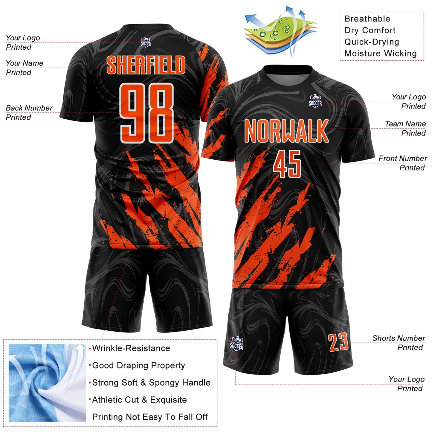 Custom Black Orange-White Brush Stroke Splatter Liquid Swirl Sublimation Soccer Uniform Jersey view 4