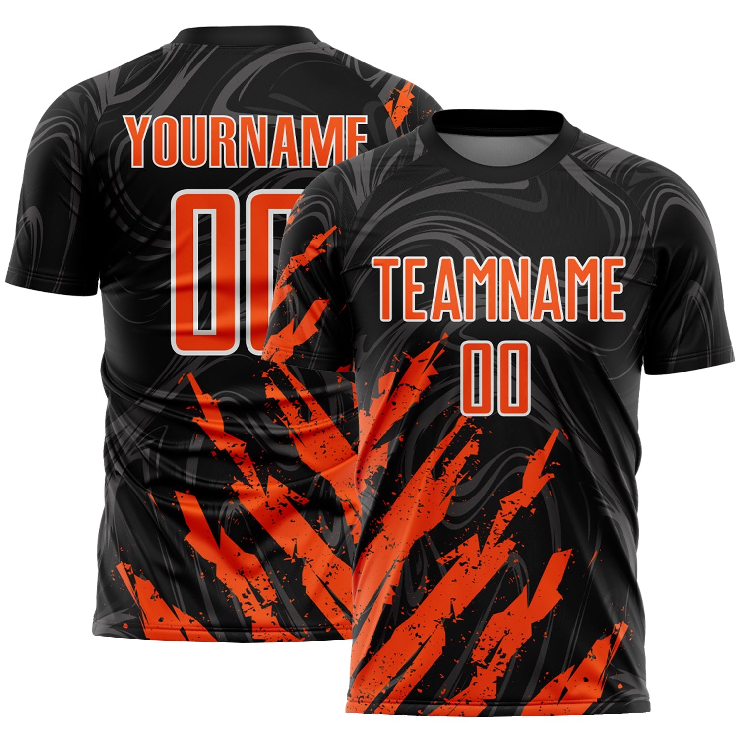 Custom Black Orange-White Brush Stroke Splatter Liquid Swirl Sublimation Soccer Uniform Jersey - Main View