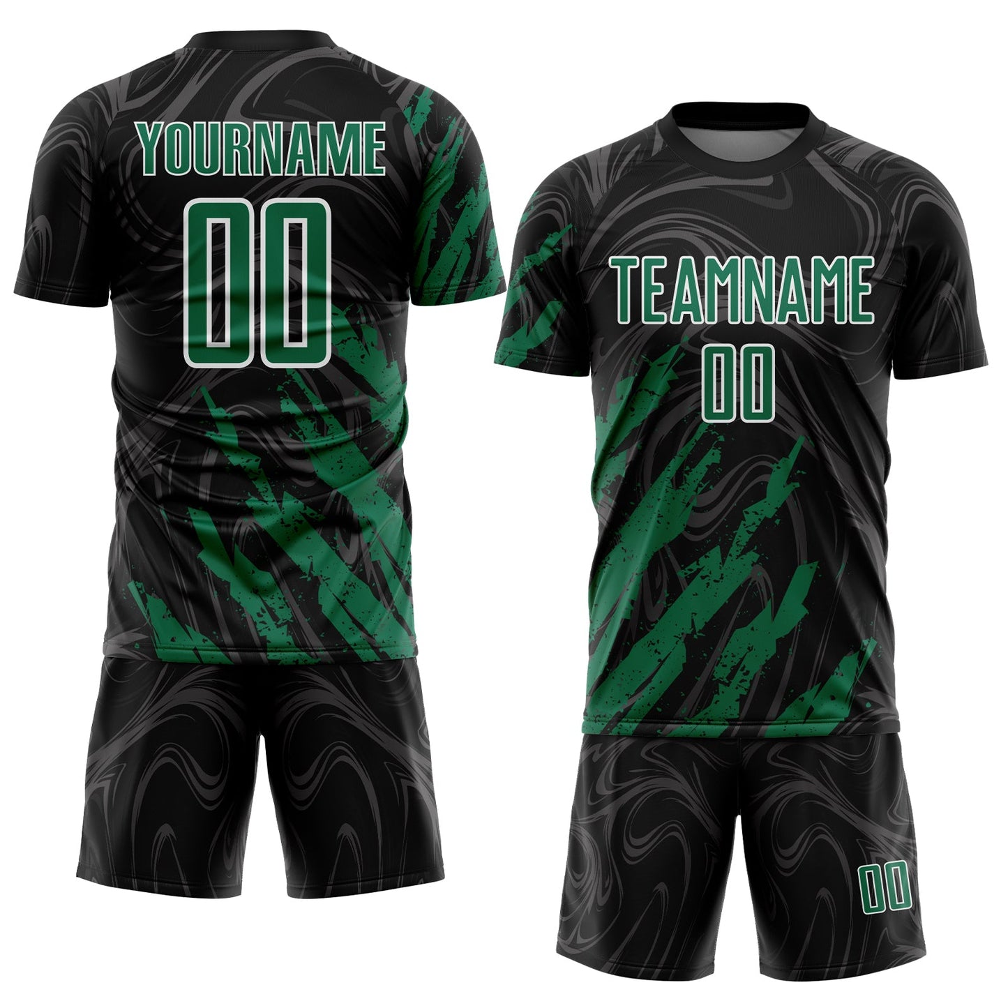 Custom Black Kelly Green-White Brush Stroke Splatter Liquid Swirl Sublimation Soccer Uniform Jersey view 2