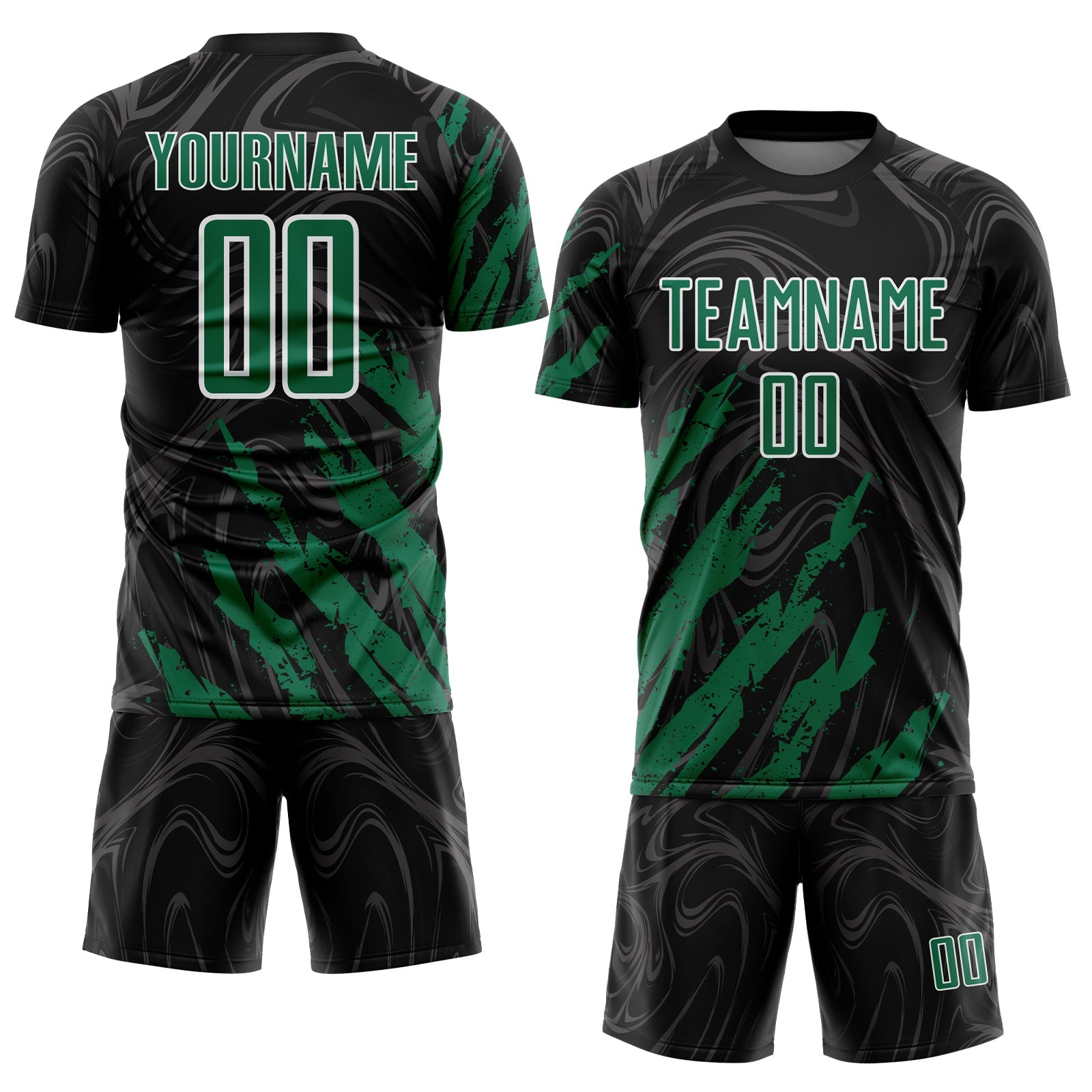 Custom Black Kelly Green-White Brush Stroke Splatter Liquid Swirl Sublimation Soccer Uniform Jersey view 2