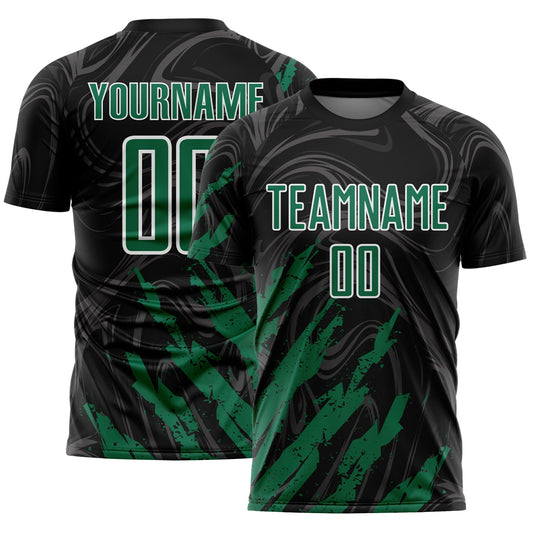 Custom Black Kelly Green-White Brush Stroke Splatter Liquid Swirl Sublimation Soccer Uniform Jersey - Main View