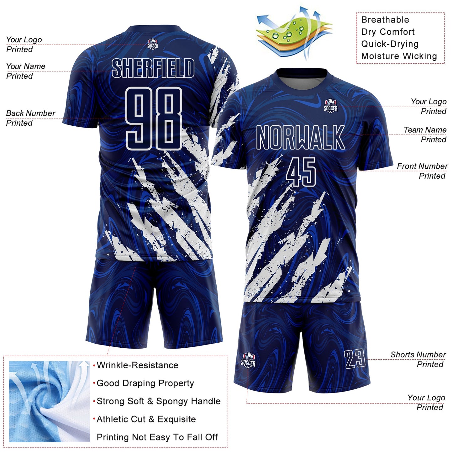 Custom Navy-White Brush Stroke Splatter Liquid Swirl Sublimation Soccer Uniform Jersey view 4