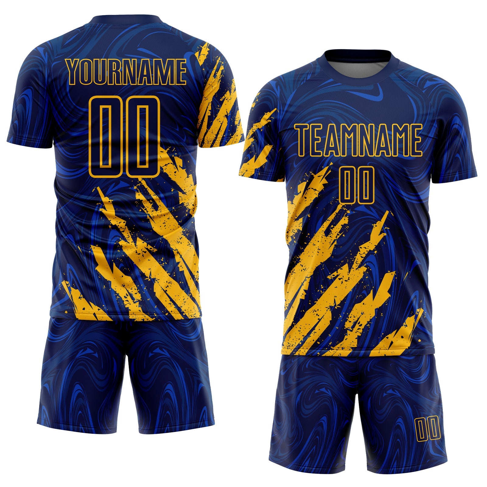 Custom Navy-Gold Brush Stroke Splatter Liquid Swirl Sublimation Soccer Uniform Jersey view 2