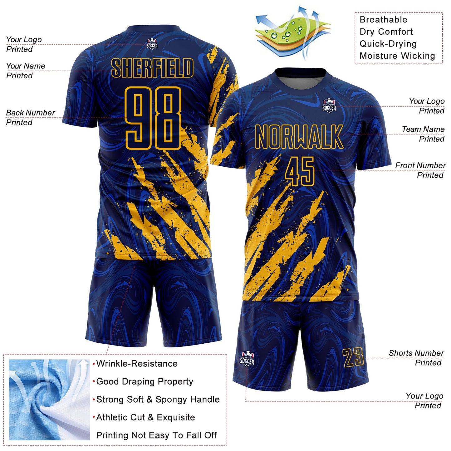 Custom Navy-Gold Brush Stroke Splatter Liquid Swirl Sublimation Soccer Uniform Jersey view 4