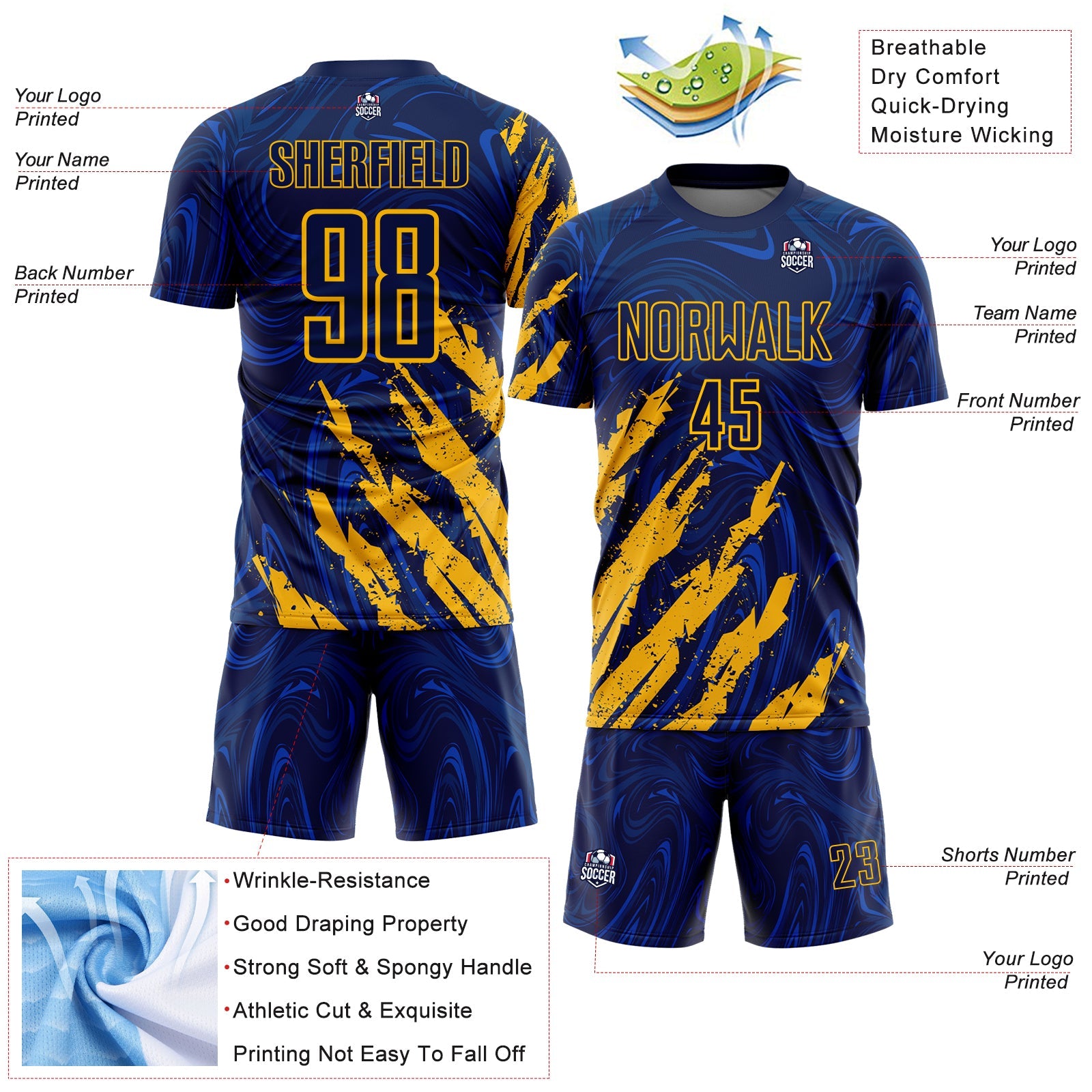 Custom Navy-Gold Brush Stroke Splatter Liquid Swirl Sublimation Soccer Uniform Jersey view 4