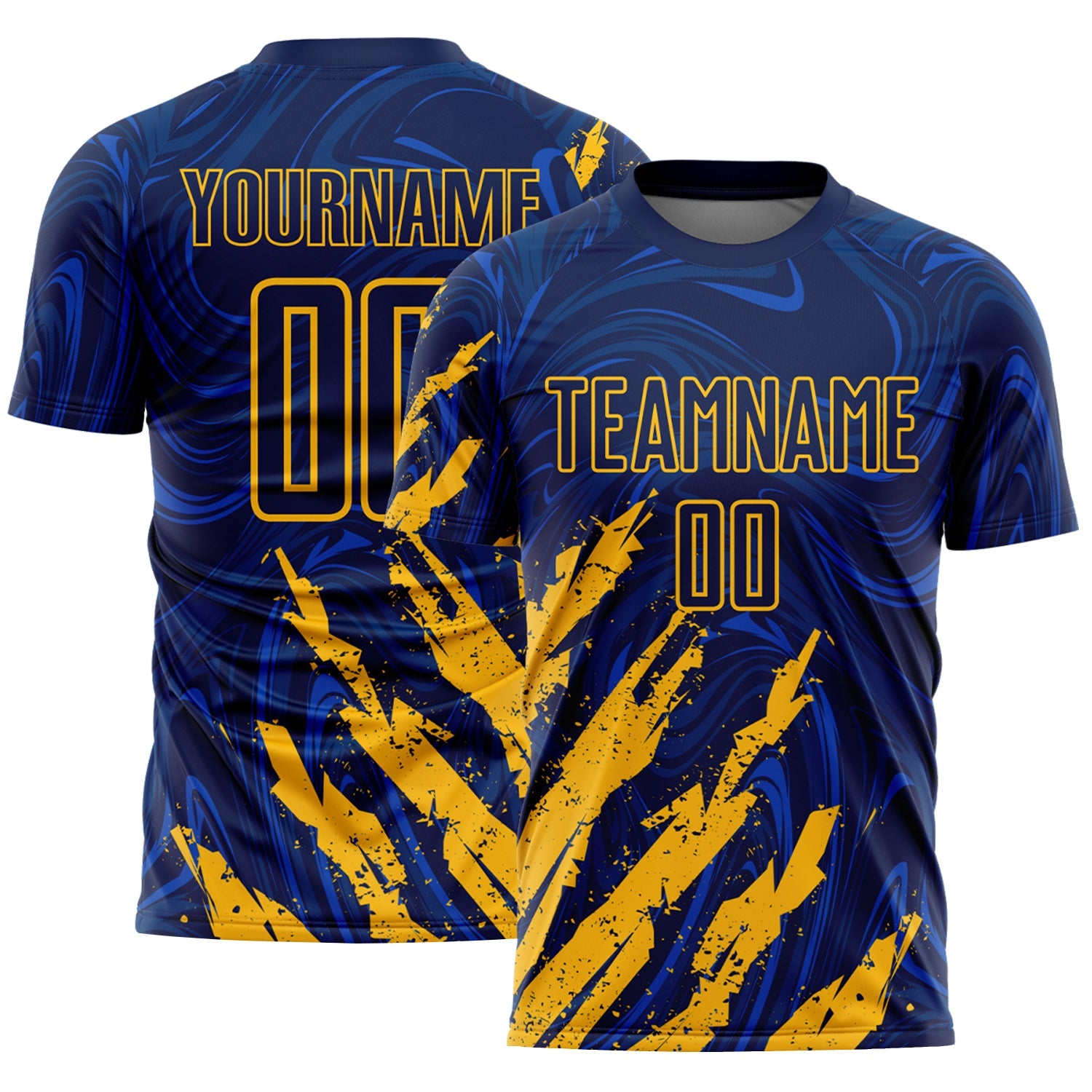 Custom Navy-Gold Brush Stroke Splatter Liquid Swirl Sublimation Soccer Uniform Jersey - Main View