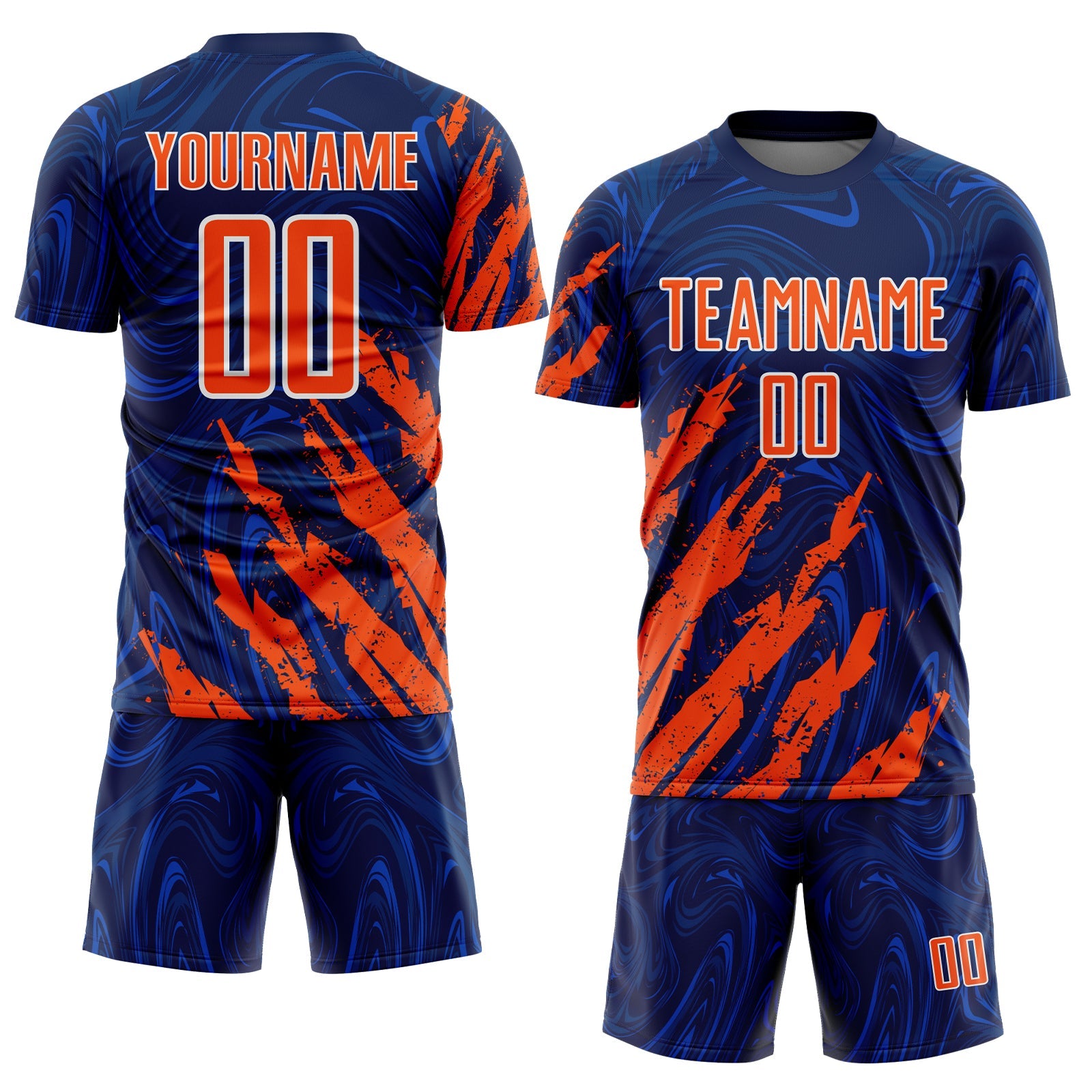 Custom Navy Orange-White Brush Stroke Splatter Liquid Swirl Sublimation Soccer Uniform Jersey view 2