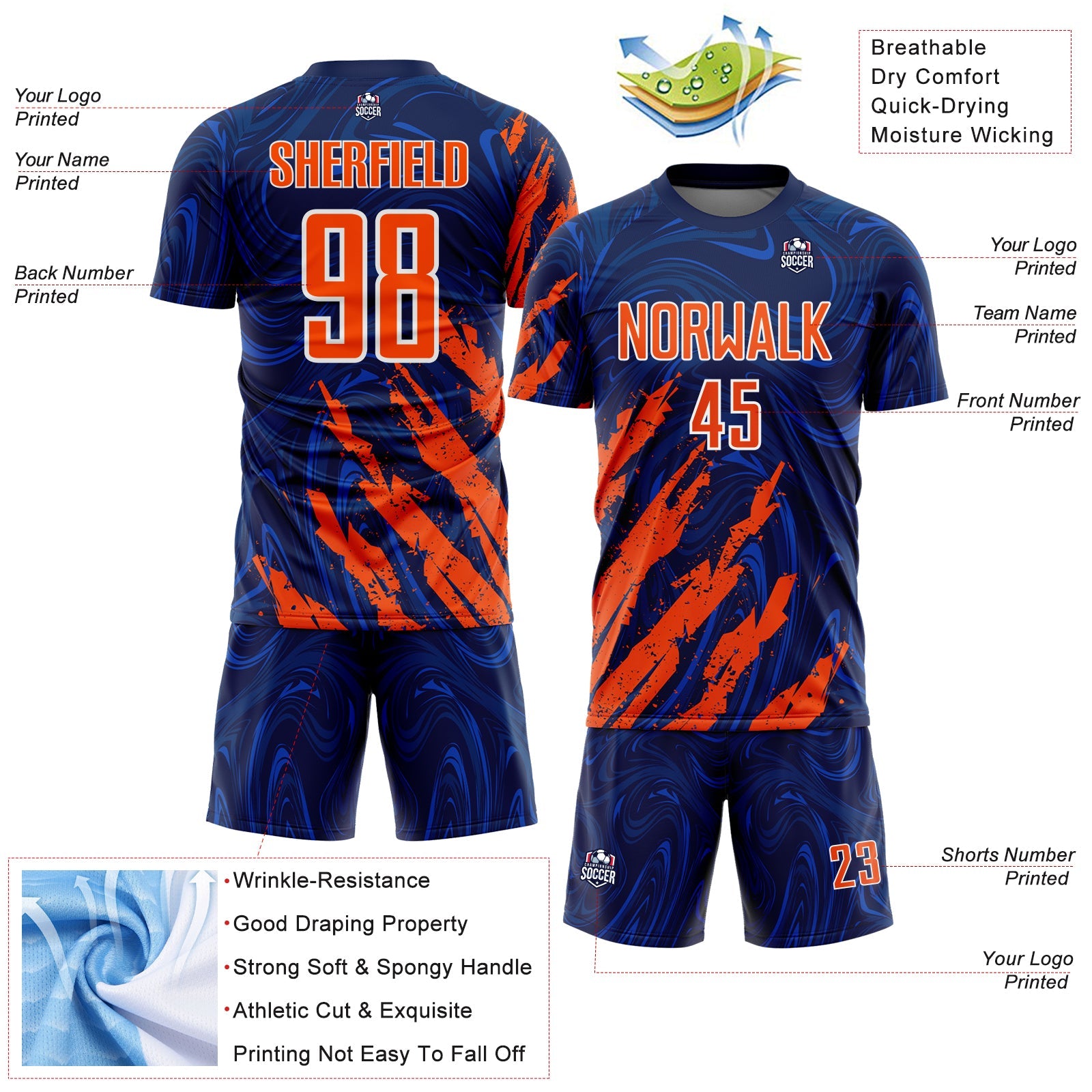 Custom Navy Orange-White Brush Stroke Splatter Liquid Swirl Sublimation Soccer Uniform Jersey view 4