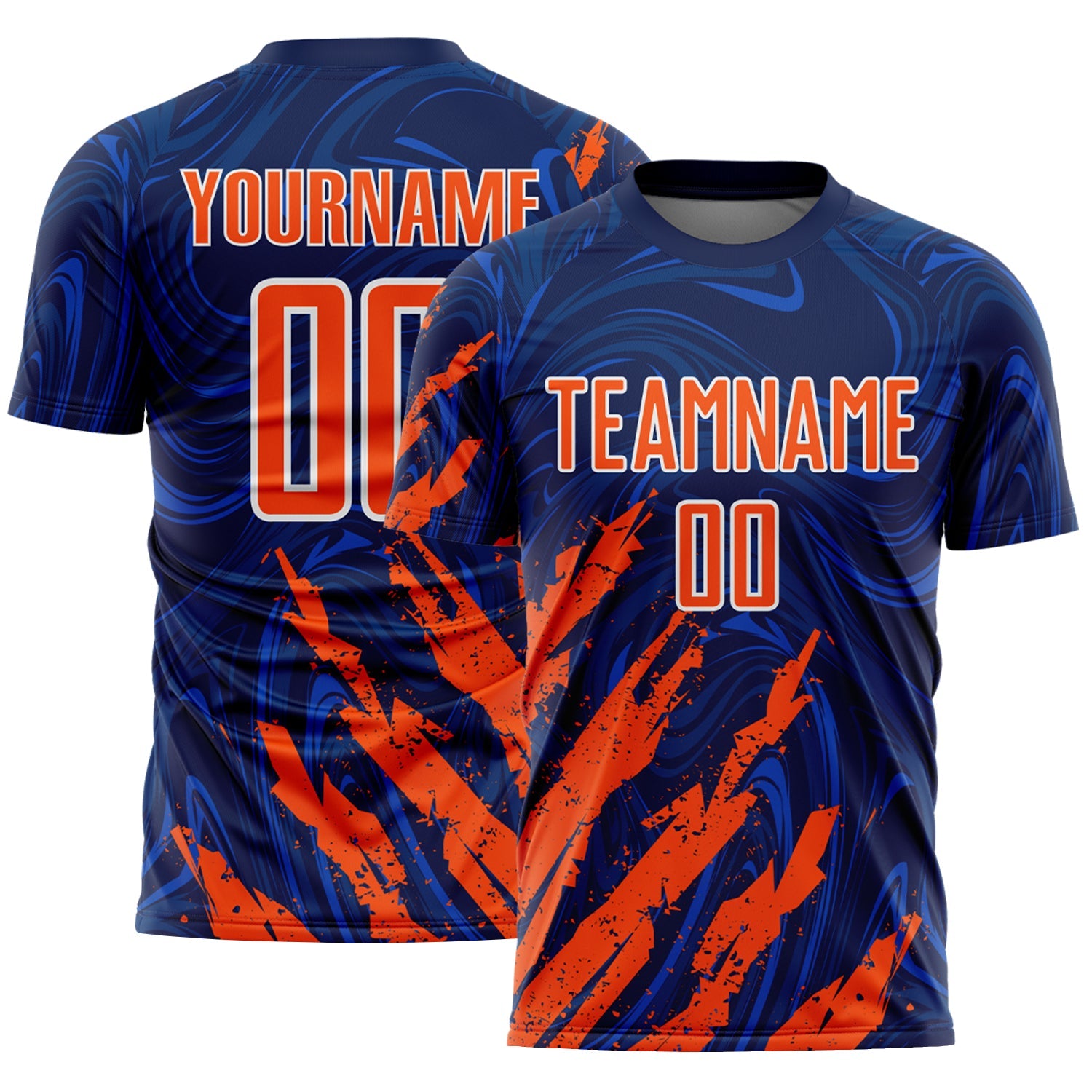 Custom Navy Orange-White Brush Stroke Splatter Liquid Swirl Sublimation Soccer Uniform Jersey - Main View