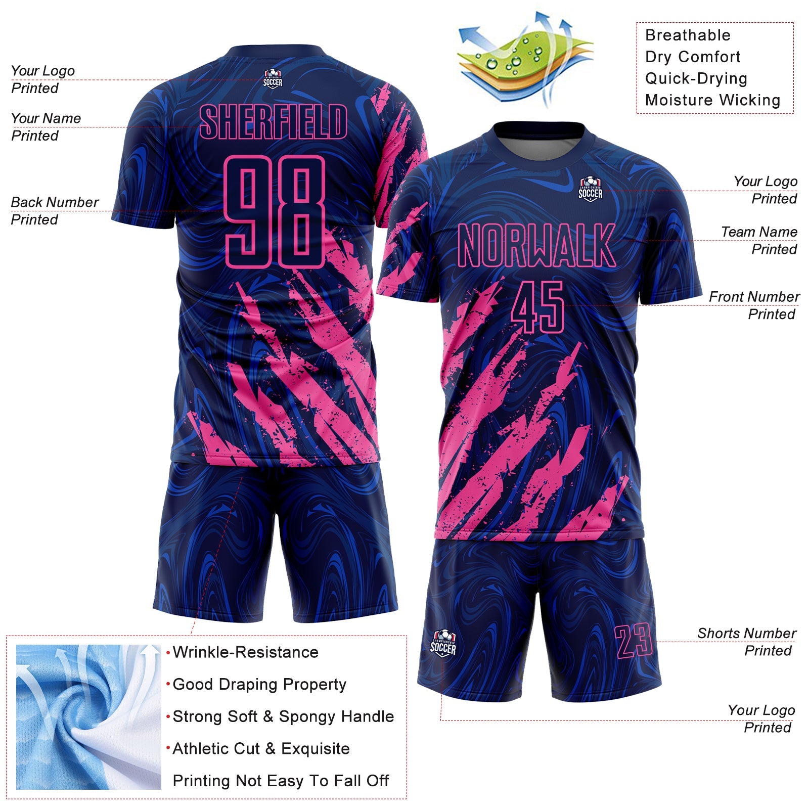 Custom Navy-Pink Brush Stroke Splatter Liquid Swirl Sublimation Soccer Uniform Jersey view 4