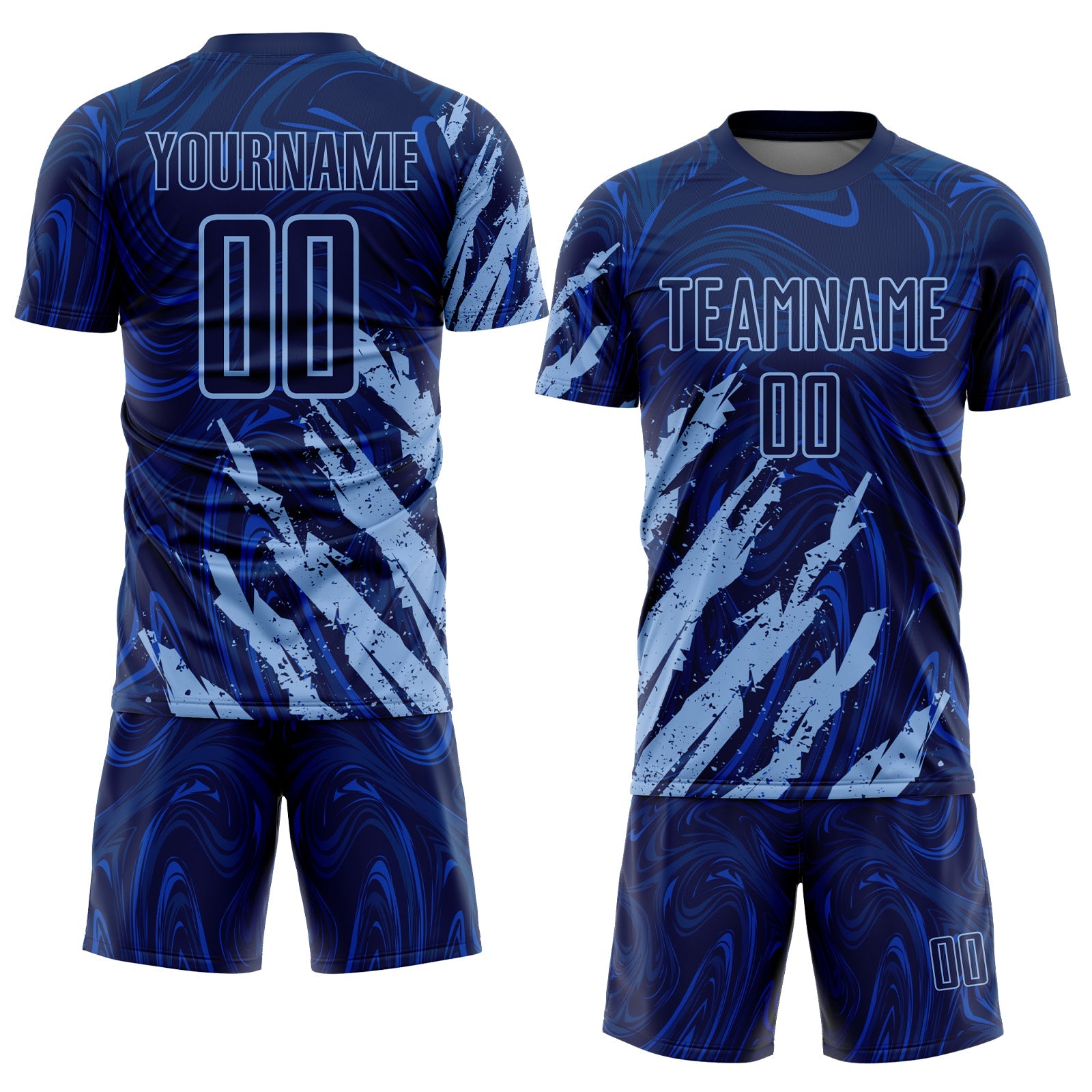 Custom Navy-Light Blue Brush Stroke Splatter Liquid Swirl Sublimation Soccer Uniform Jersey view 2