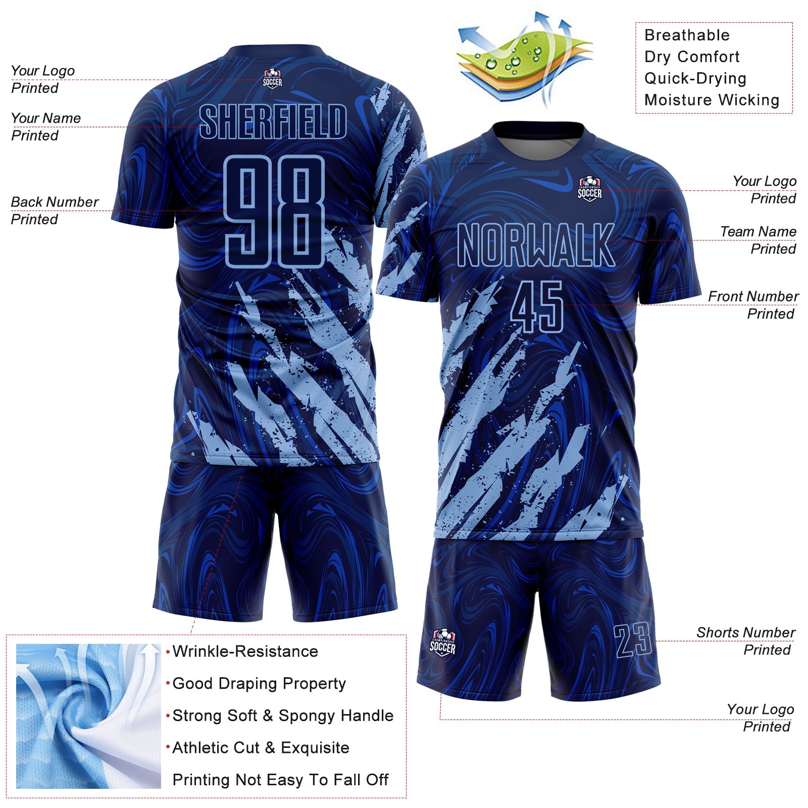 Custom Navy-Light Blue Brush Stroke Splatter Liquid Swirl Sublimation Soccer Uniform Jersey view 4