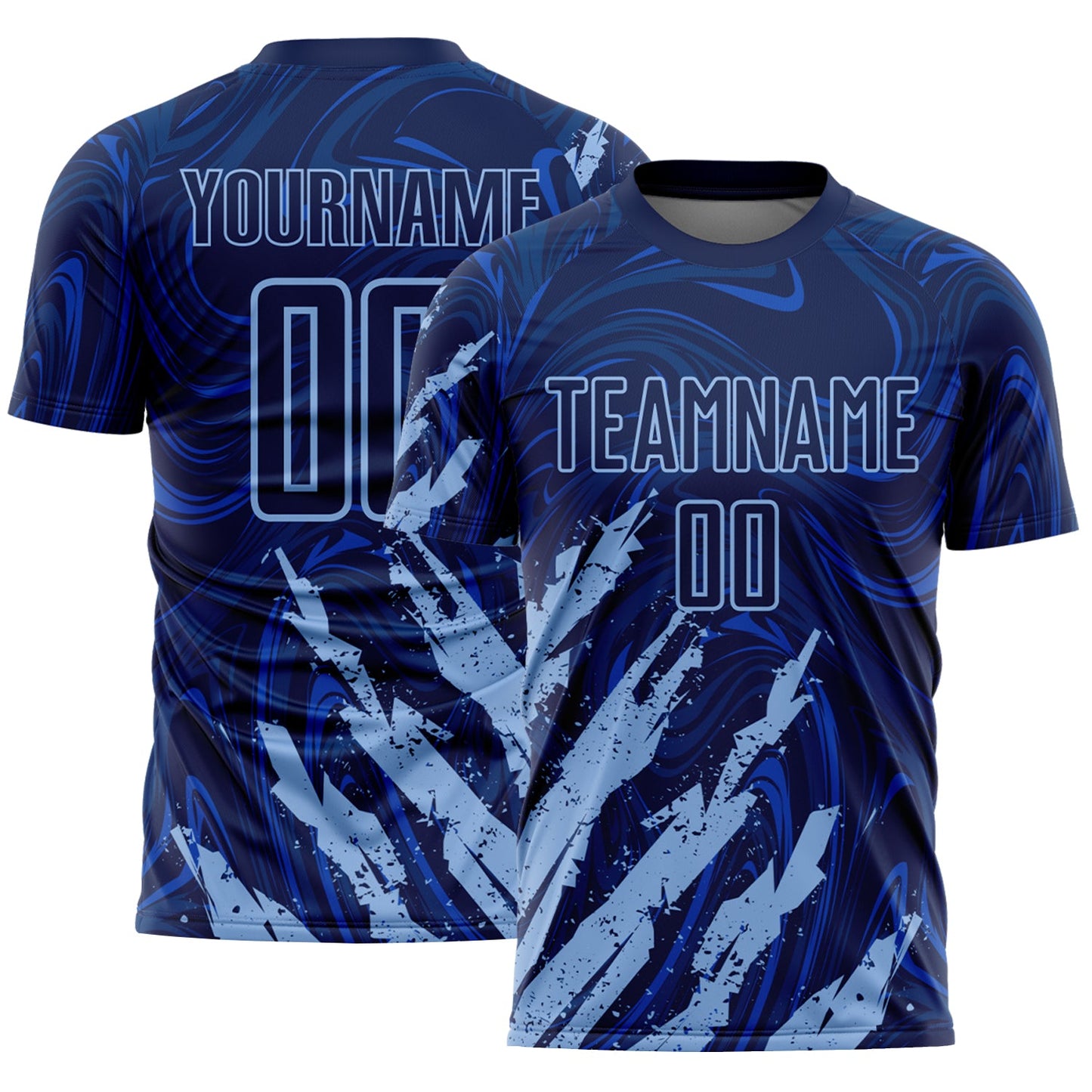 Custom Navy-Light Blue Brush Stroke Splatter Liquid Swirl Sublimation Soccer Uniform Jersey - Main View