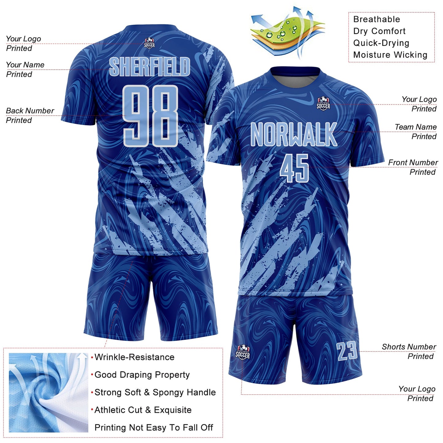 Custom Royal Light Blue-White Brush Stroke Splatter Liquid Swirl Sublimation Soccer Uniform Jersey view 4