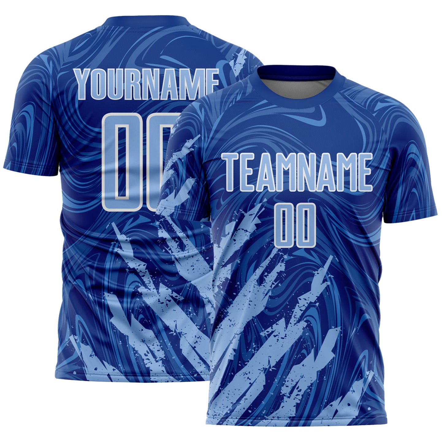 Custom Royal Light Blue-White Brush Stroke Splatter Liquid Swirl Sublimation Soccer Uniform Jersey - Main View