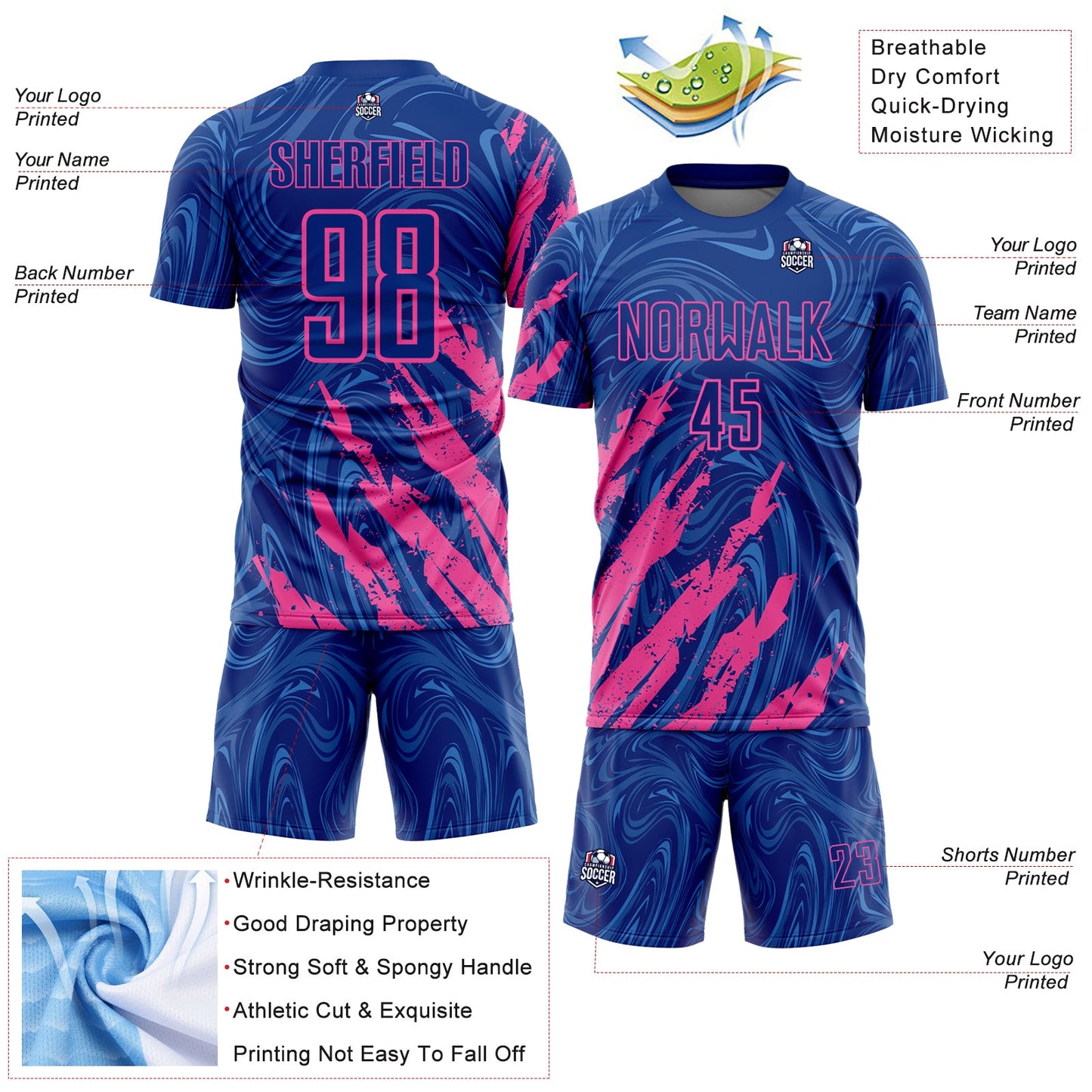 Custom Royal-Pink Brush Stroke Splatter Liquid Swirl Sublimation Soccer Uniform Jersey view 4
