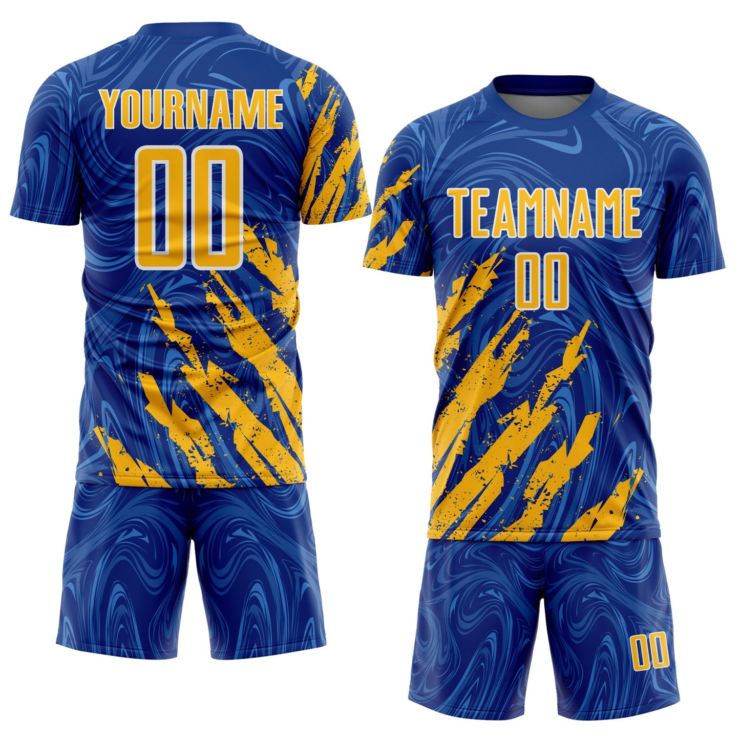 Custom Royal Gold-White Brush Stroke Splatter Liquid Swirl Sublimation Soccer Uniform Jersey view 2
