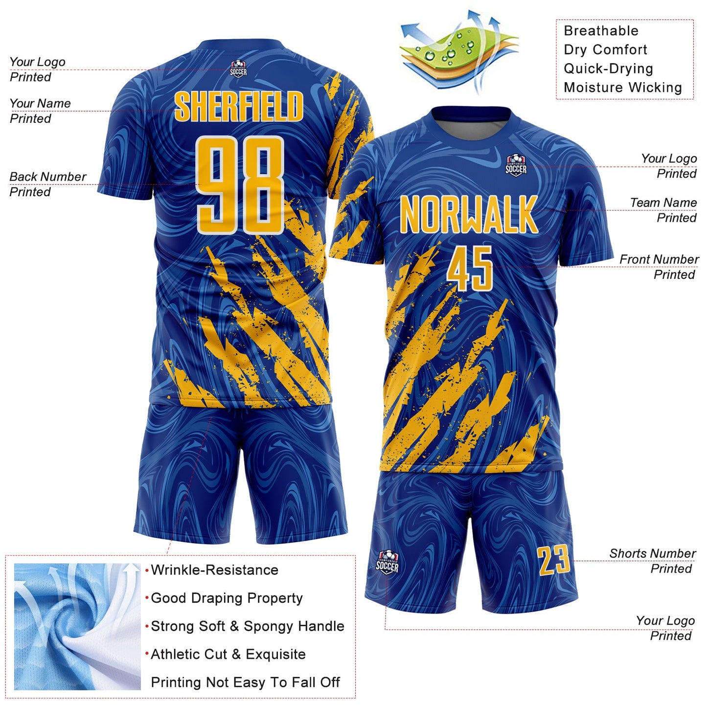 Custom Royal Gold-White Brush Stroke Splatter Liquid Swirl Sublimation Soccer Uniform Jersey view 4