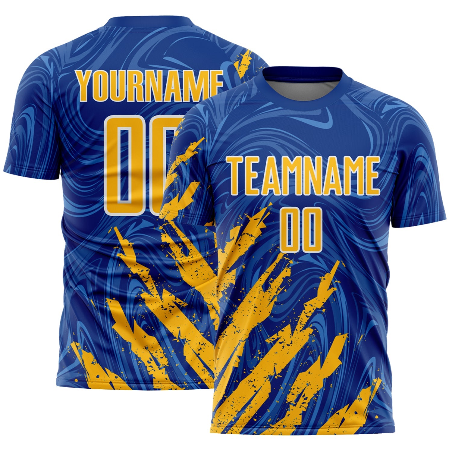 Custom Royal Gold-White Brush Stroke Splatter Liquid Swirl Sublimation Soccer Uniform Jersey - Main View