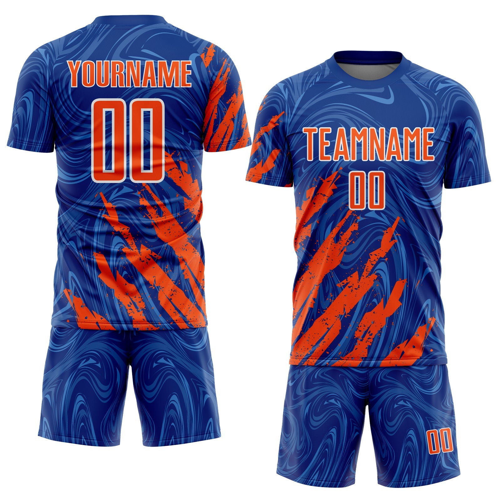 Custom Royal Orange-White Brush Stroke Splatter Liquid Swirl Sublimation Soccer Uniform Jersey view 2