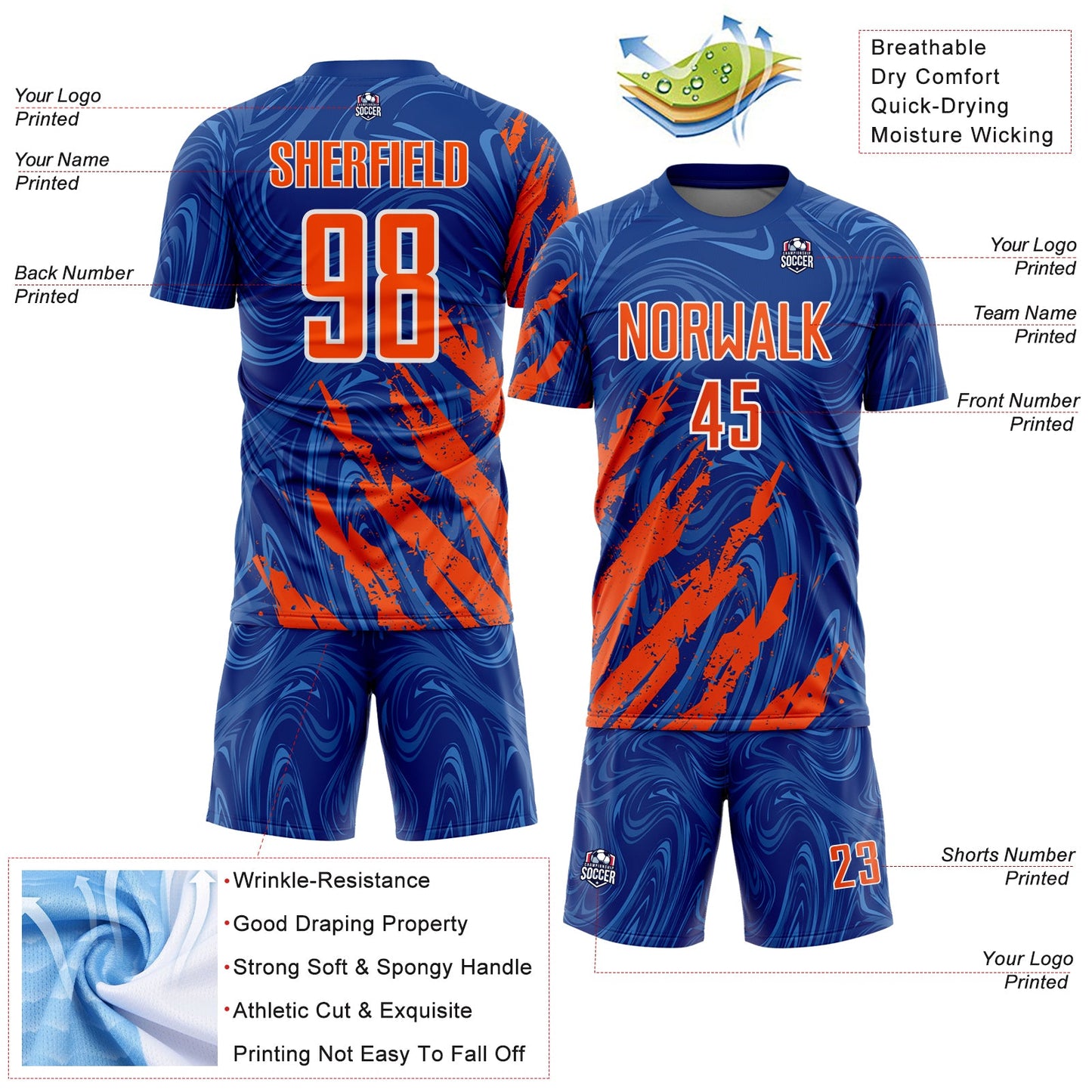 Custom Royal Orange-White Brush Stroke Splatter Liquid Swirl Sublimation Soccer Uniform Jersey view 4