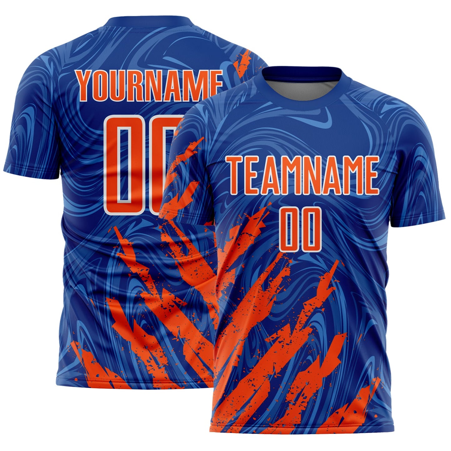 Custom Royal Orange-White Brush Stroke Splatter Liquid Swirl Sublimation Soccer Uniform Jersey - Main View