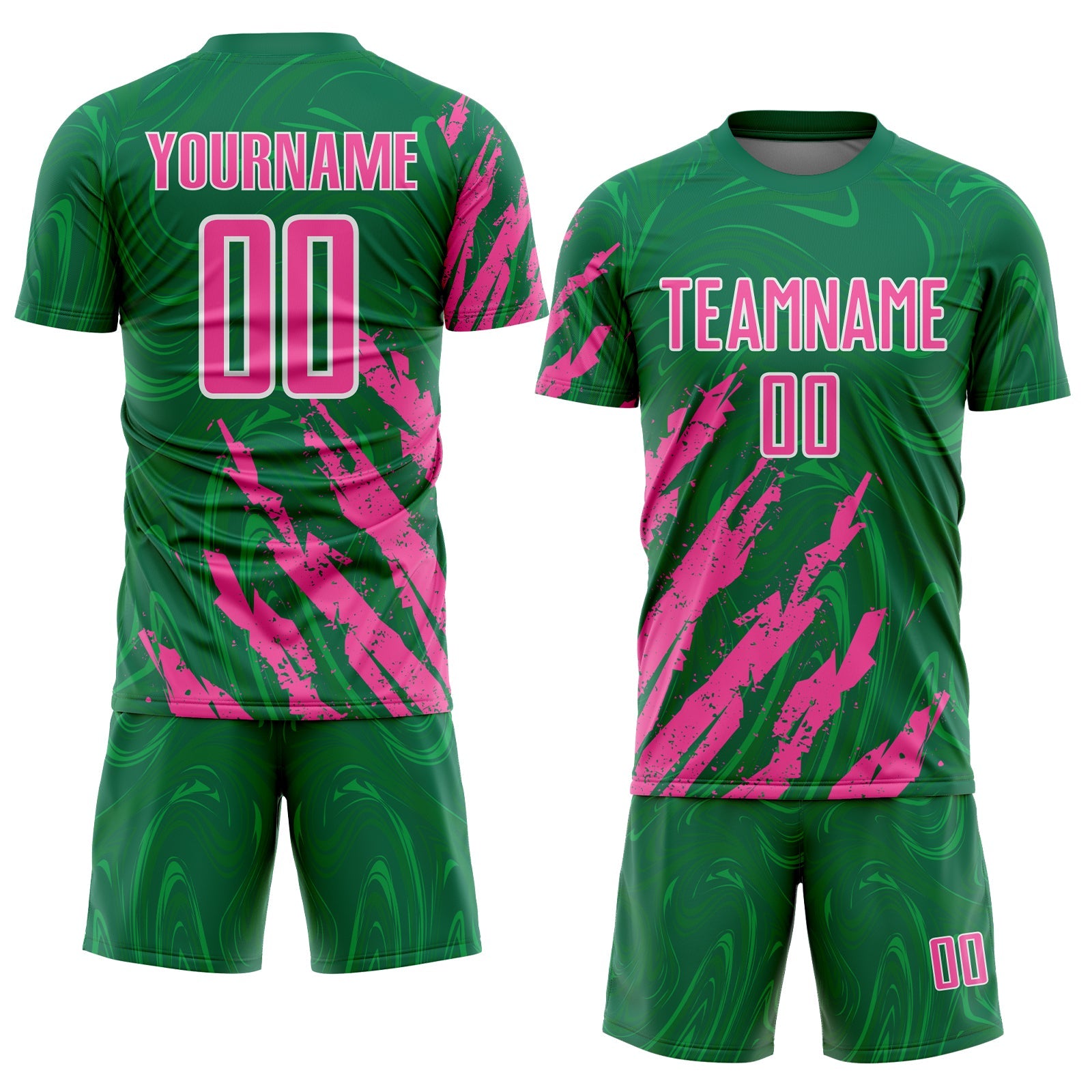 Custom Kelly Green Pink-White Brush Stroke Splatter Liquid Swirl Sublimation Soccer Uniform Jersey view 2