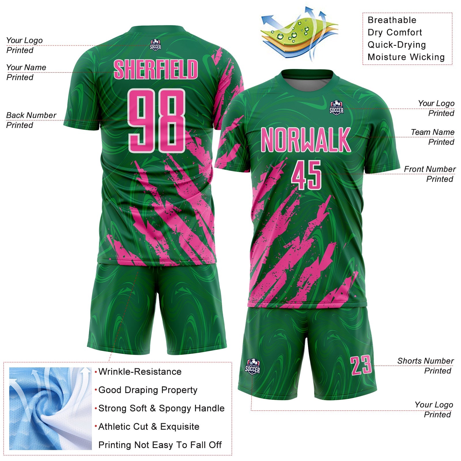 Custom Kelly Green Pink-White Brush Stroke Splatter Liquid Swirl Sublimation Soccer Uniform Jersey view 4