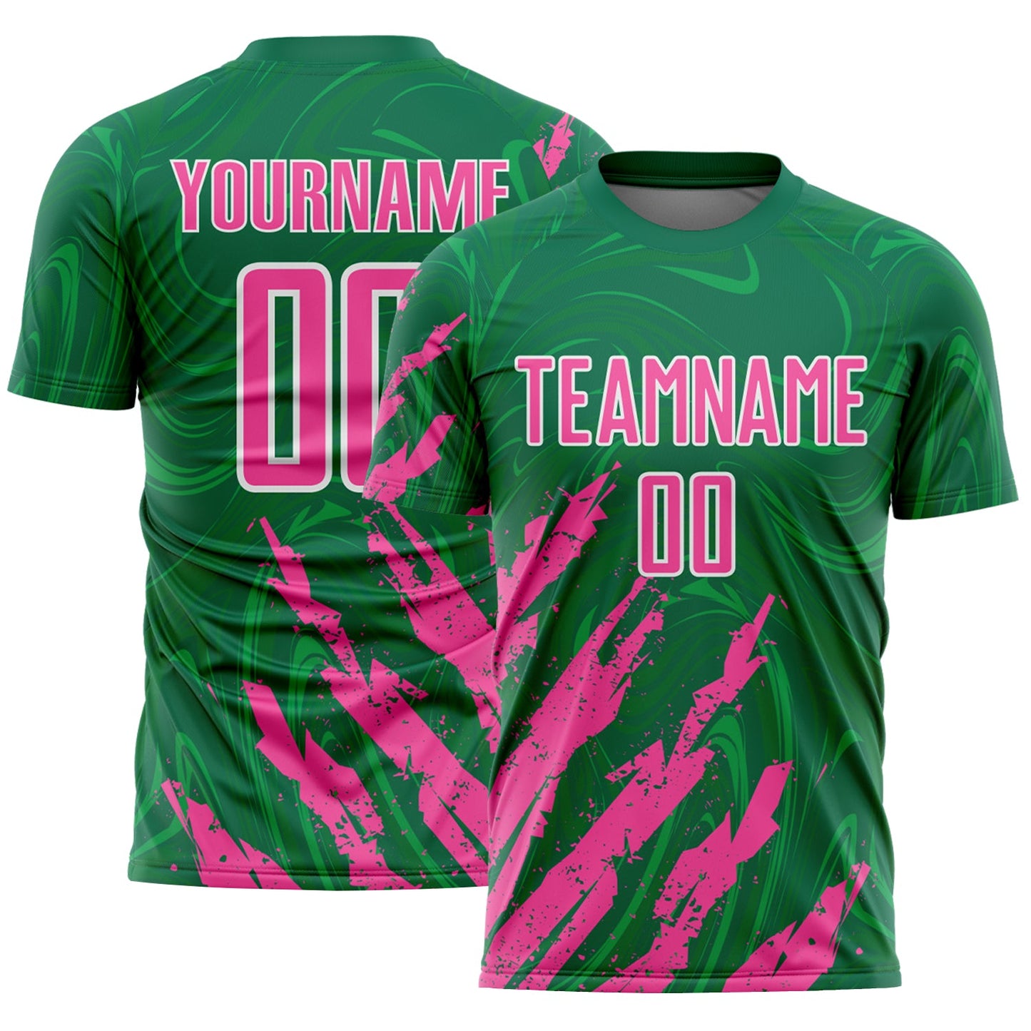 Custom Kelly Green Pink-White Brush Stroke Splatter Liquid Swirl Sublimation Soccer Uniform Jersey - Main View