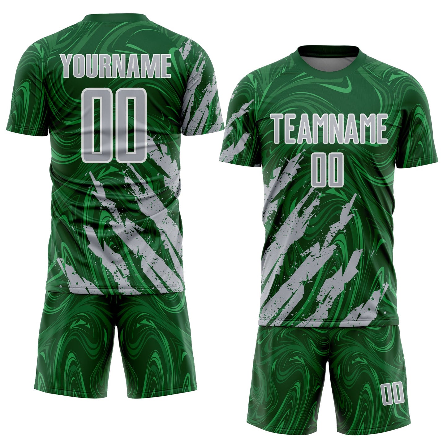 Custom Green Gray-White Brush Stroke Splatter Liquid Swirl Sublimation Soccer Uniform Jersey view 2