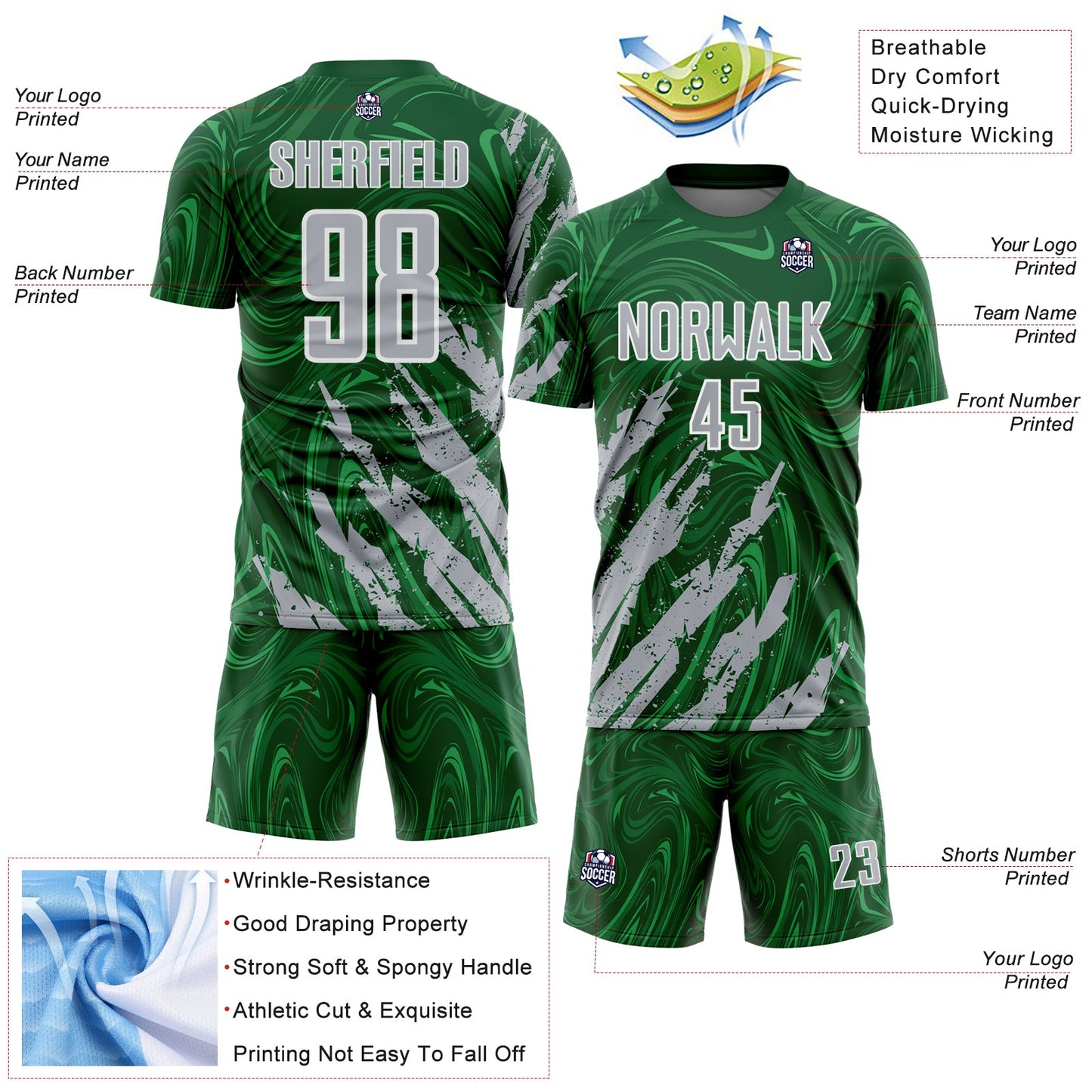 Custom Green Gray-White Brush Stroke Splatter Liquid Swirl Sublimation Soccer Uniform Jersey view 4