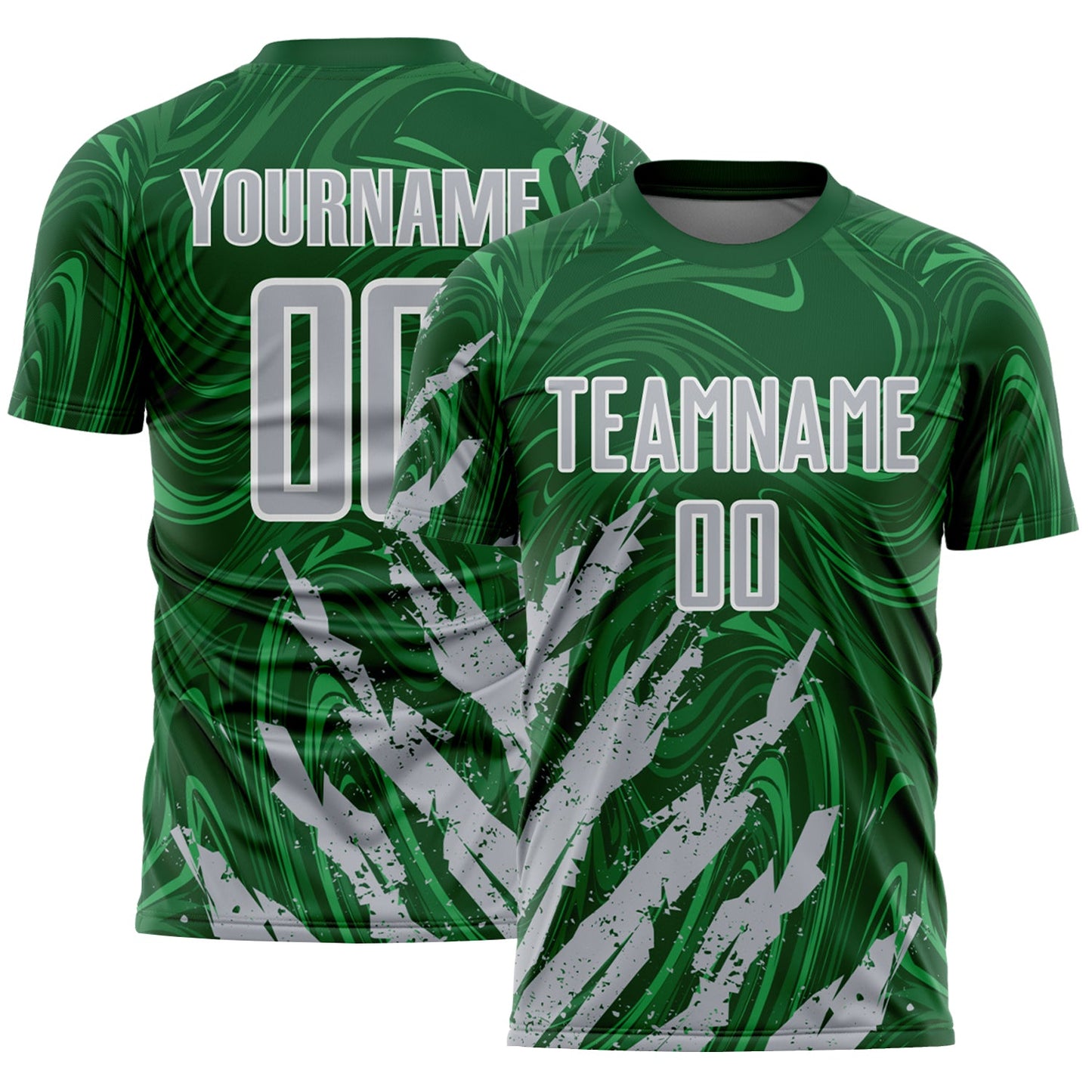 Custom Green Gray-White Brush Stroke Splatter Liquid Swirl Sublimation Soccer Uniform Jersey - Main View
