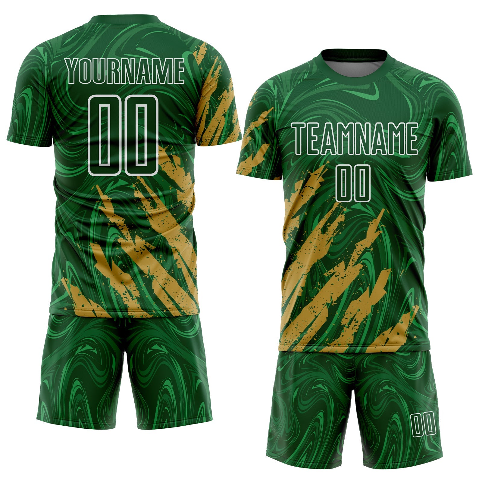 Custom Green Old Gold-White Brush Stroke Splatter Liquid Swirl Sublimation Soccer Uniform Jersey view 2