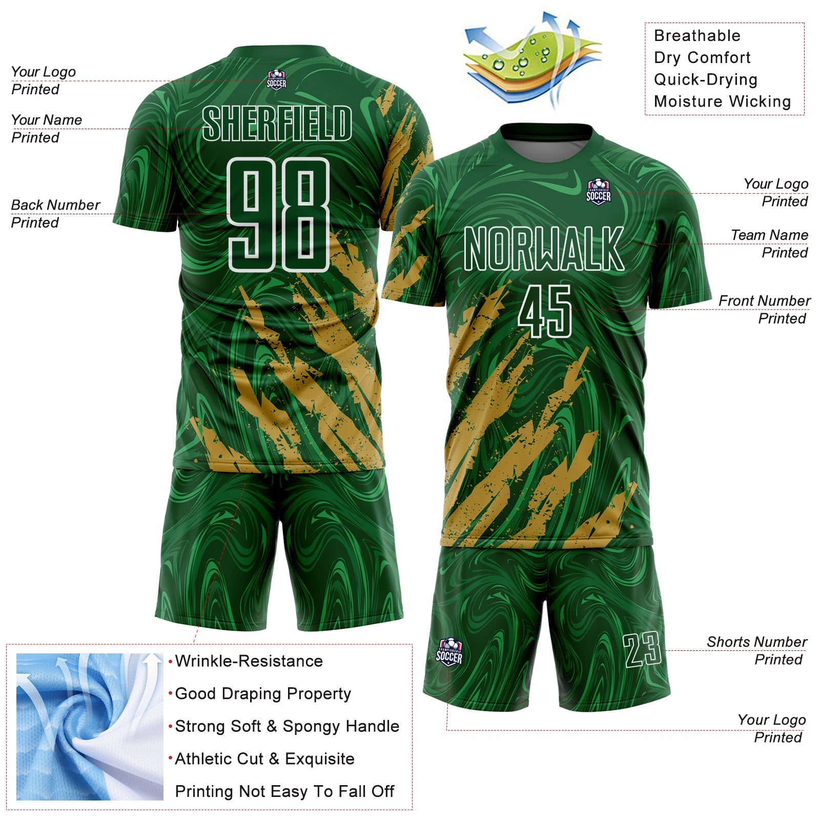 Custom Green Old Gold-White Brush Stroke Splatter Liquid Swirl Sublimation Soccer Uniform Jersey view 4