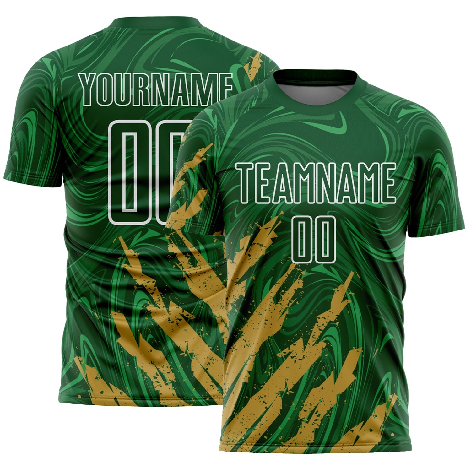 Custom Green Old Gold-White Brush Stroke Splatter Liquid Swirl Sublimation Soccer Uniform Jersey - Main View