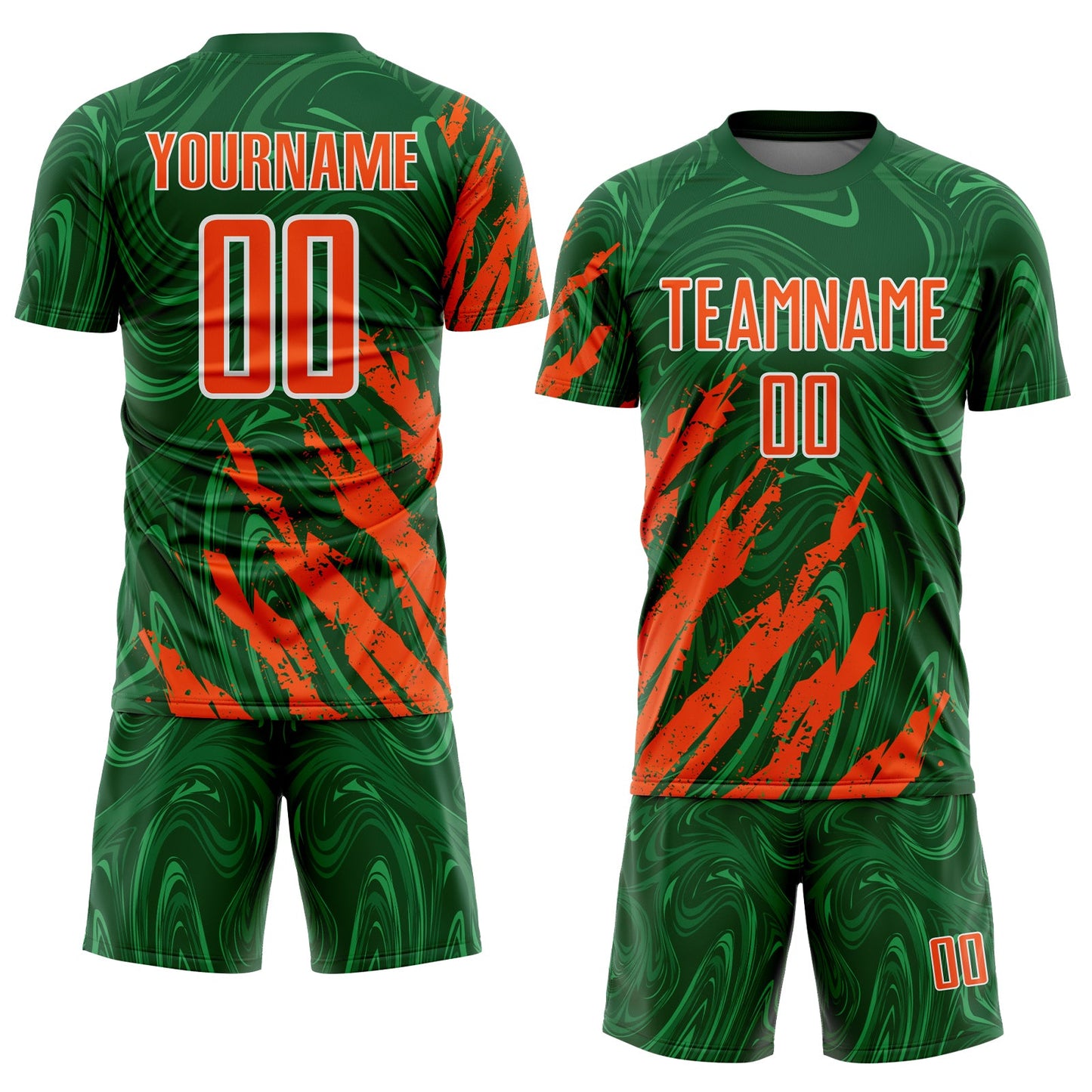 Custom Green Orange-White Brush Stroke Splatter Liquid Swirl Sublimation Soccer Uniform Jersey view 2