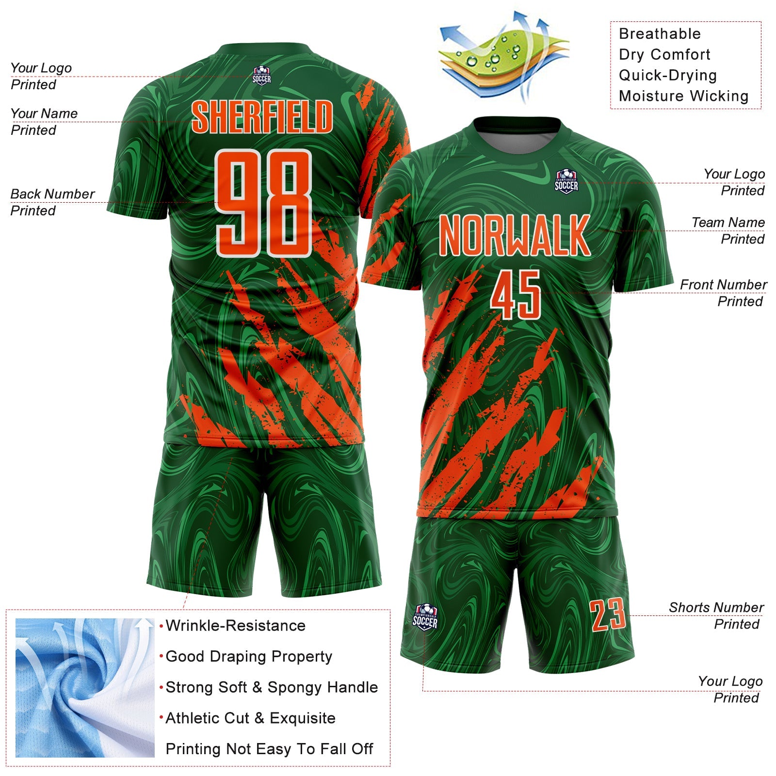 Custom Green Orange-White Brush Stroke Splatter Liquid Swirl Sublimation Soccer Uniform Jersey view 4