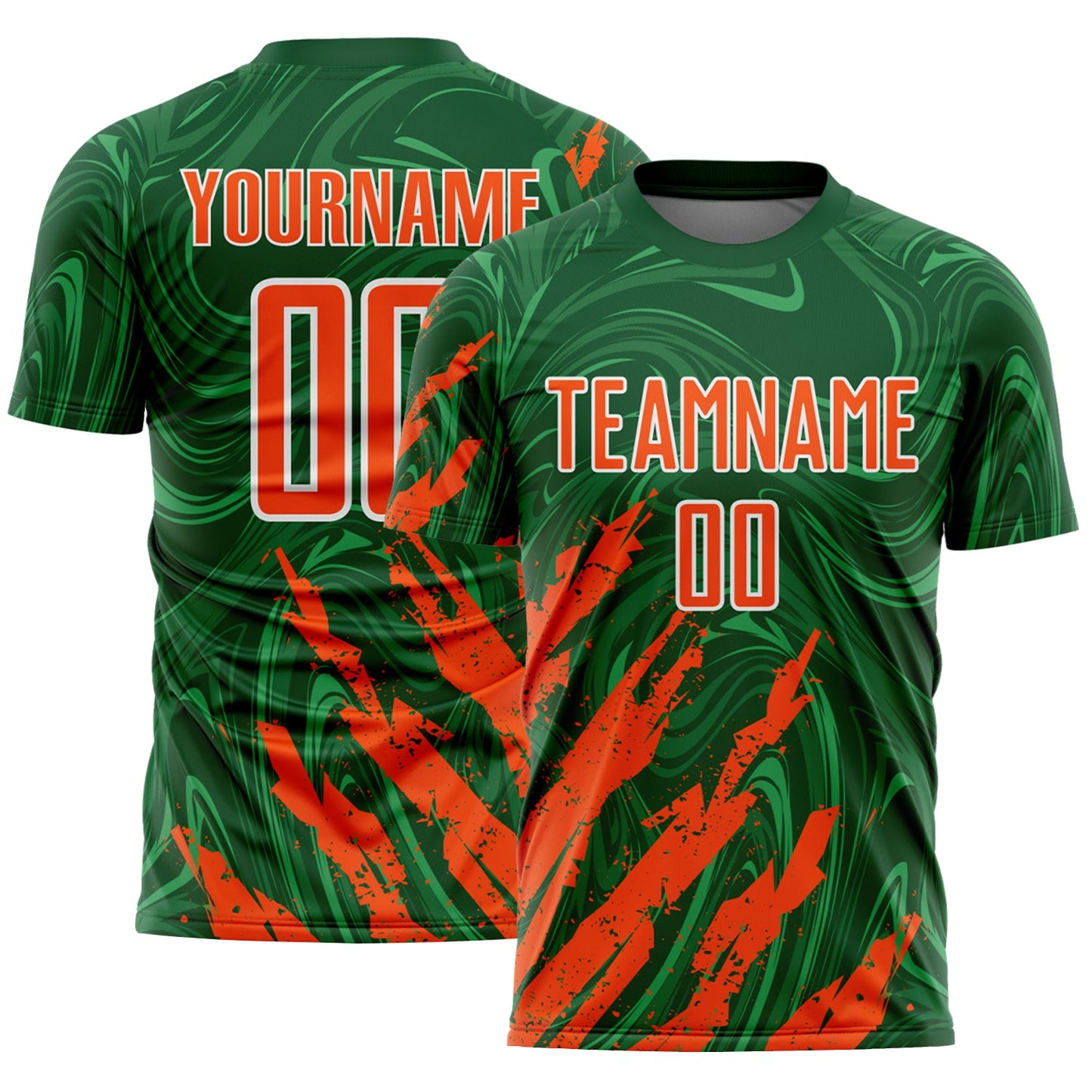 Custom Green Orange-White Brush Stroke Splatter Liquid Swirl Sublimation Soccer Uniform Jersey - Main View