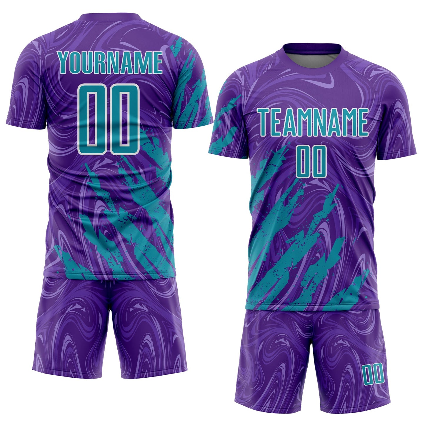 Custom Purple Teal-White Brush Stroke Splatter Liquid Swirl Sublimation Soccer Uniform Jersey view 2