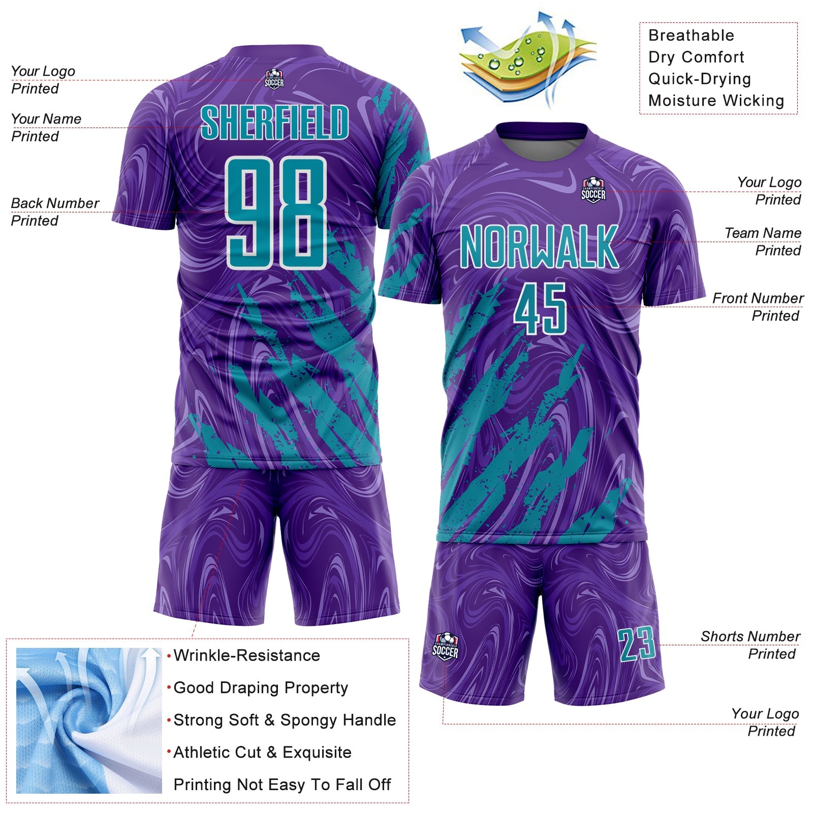 Custom Purple Teal-White Brush Stroke Splatter Liquid Swirl Sublimation Soccer Uniform Jersey view 4