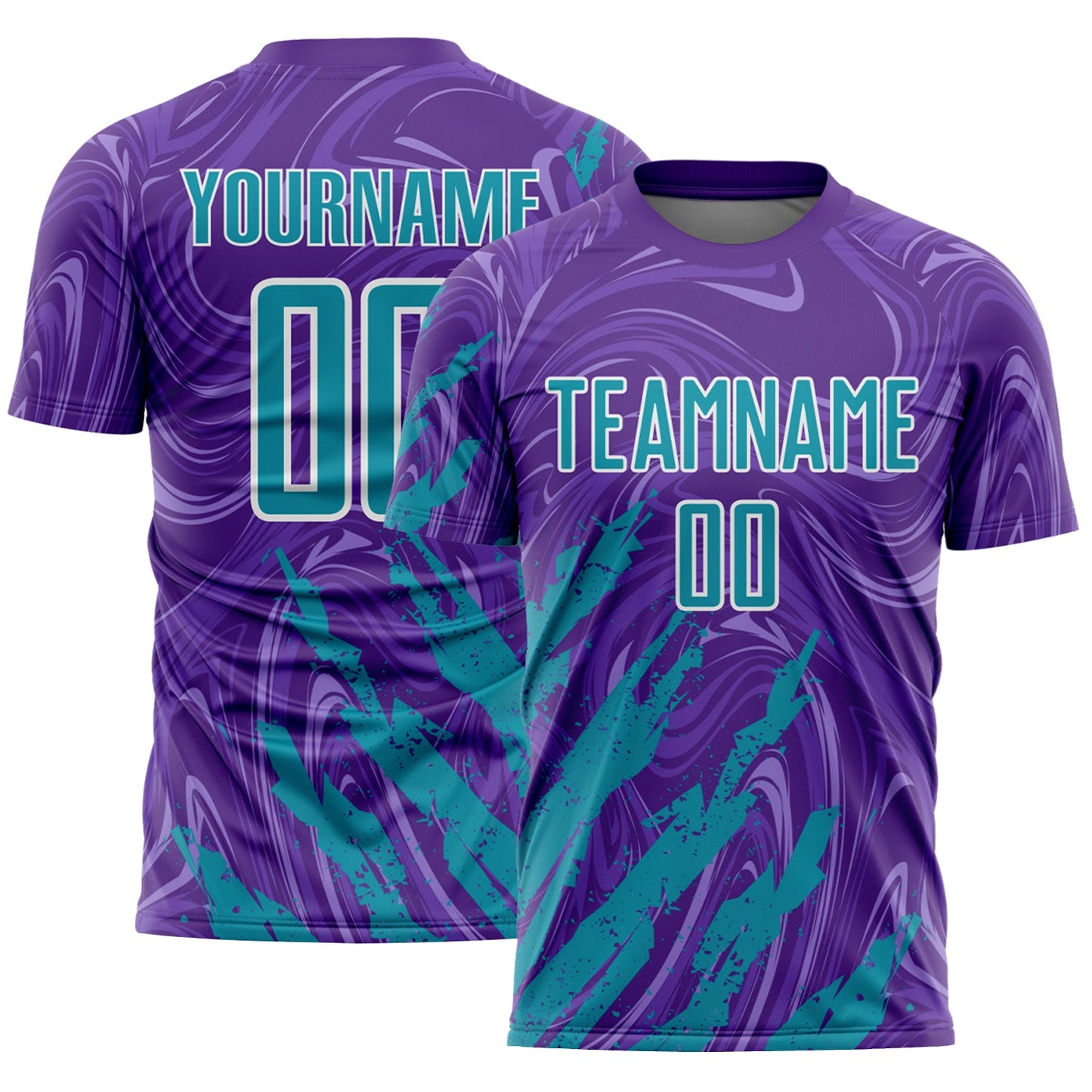Custom Purple Teal-White Brush Stroke Splatter Liquid Swirl Sublimation Soccer Uniform Jersey - Main View